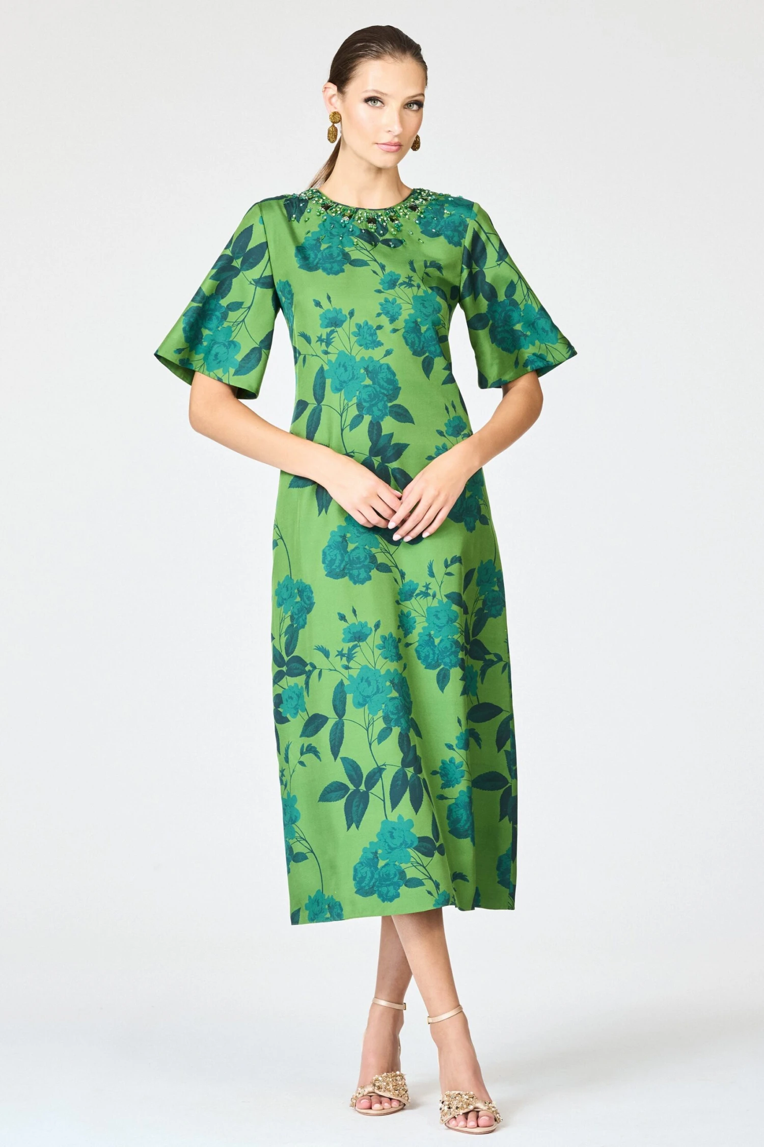 EMBELLISHED LEMIE DRESS - EMPRESS GREEN ROSES 1 EMBELLISHED LEMIE DRESS - EMPRESS GREEN ROSES